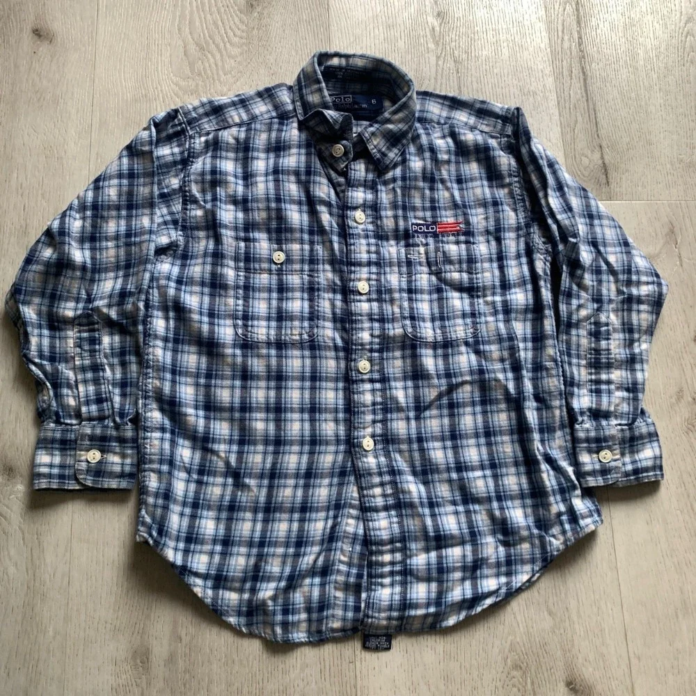 VTG Polo Ralph Lauren Boys Size 6 Blue/White Plaid Long Sleeve Button-Down Shirt